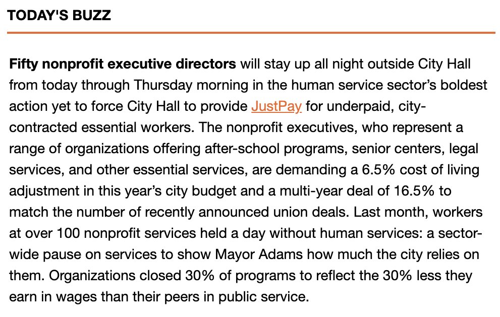 🚨 TONIGHT: 'Fifty nonprofit executive directors will stay up all night outside City Hall from today through Thursday morning in the human service sector’s boldest action yet to force City Hall to provide #JustPay.'

link.nynmedia.com/view/62c5fbd82…