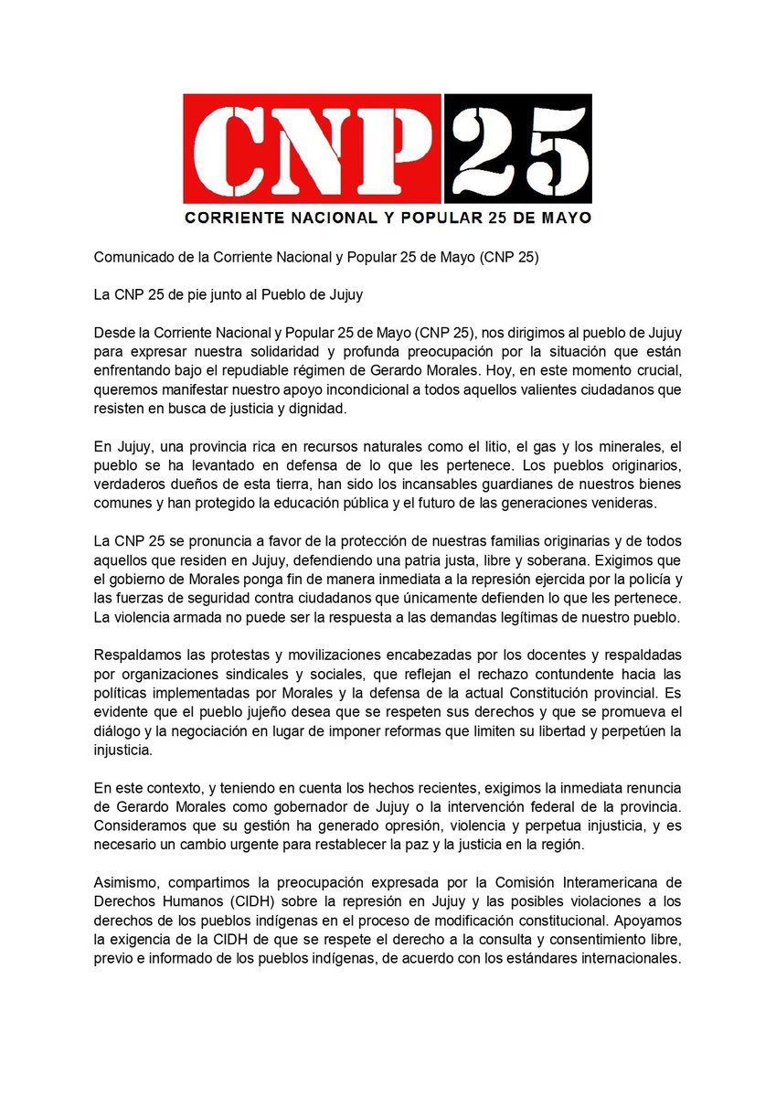 CNP25DEMAYO's tweet photo. Comunicado de la Corriente Nacional y Popular 25 de Mayo

La CNP 25 de pie junto al Pueblo de #Jujuy https://t.co/wDNCFPzc7r
