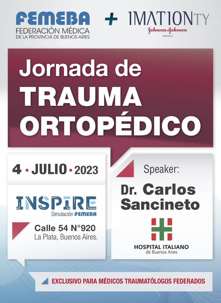 Invitamos a los médicos federados de FEMEBA a participar en la Jornada de Trauma Ortopédico organizado por <a href="/femebaok/">FEMEBA Oficial</a> en conjunto con el <a href="/hta_italiano/">HTA_Hospitalitaliano</a> el próximo 4 de julio a realizarse en nuestro centro.
Inscripciones: form.jotform.com/231654216885664