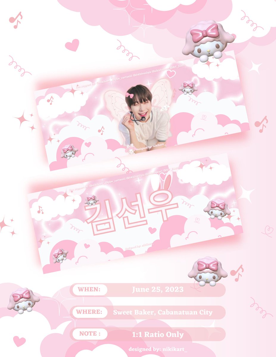 withlhscart's tweet photo. ⌗ for those who will attend sun's cse this 230625 at sweet baker cab.

me and my friends will be giving away this sunoo hand banner 

to claim ☁️
𓂋 like &amp; rt 
𓂋 follow me, @pjm_cartxxiii, @nikikart_, @0420realpjs, and @RT_JiA01.
𓂋 strictly 1:1 ratio https://t.co/xcaq1RoMoe
