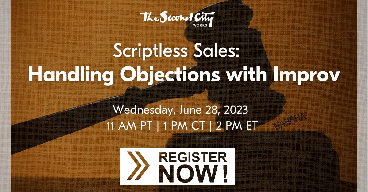 Picture it: you’re cruising along on your sales call, crushing your pitch when it happens – Your prospect interrupts you with…an objection. (Cue Theme from 'Jaws.') 🦈 Objections happen. But how you handle them can have a huge impact. secondcity.zoom.us/webinar/regist… #Sales #Improv