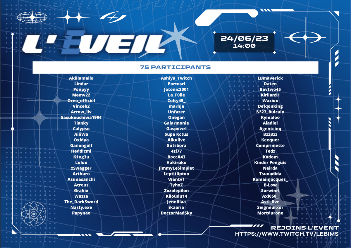 Plus que trois jours de training pour les participants au tournoi, l'étau se resserre. 🤯

Voici donc rassemblés nos 75 champions prêts à franchir les étapes de : sagesse, dextérité, précision &amp; vitesse leur permettant d'atteindre l'#Éveil. 🏆

[SAM, 14 H] twitch.tv/lebims