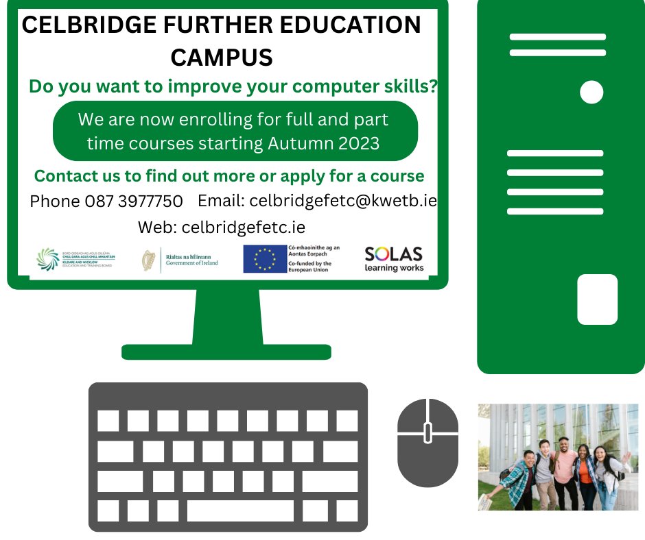 Introductory /Intermediate Computer Studies. Enrolling now. Want to build up your confidence in using computers? Part /full time. Email celbridgefetc@kwetb.ie or ring 0873977750 @KWETB @SOLASFET @FETRC_DCU @FETColleges_IE  #KWETB #SOLAS #FET #Celbridgecourses