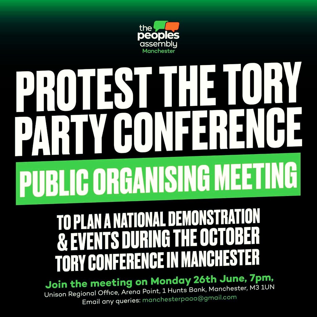 The Tories have the audacity to come back to Manchester for their annual conference in October!!  Let’s not let them feel comfortable here
Details: facebook.com/events/s/prote…

#peoplesassembly #disabledpeopleagainstcuts #publicmeeting #demonstration #ToriesOut #privatisation