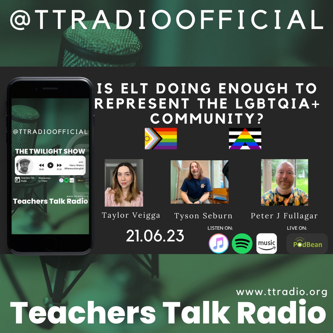 One hour until the Twilight Show with <a href="/Renewablenglish/">🌍💚 Harry Waters 💚🌍</a>

Harry is joined by guests Taylor, Tyson, and Peter to explore if ELT are doing enough to represent the LGBTQIA+ community. 

Join by clicking ‘play’ at ttradio.org/listen-live 

Tune in. Talk it Out!

#TTRadio