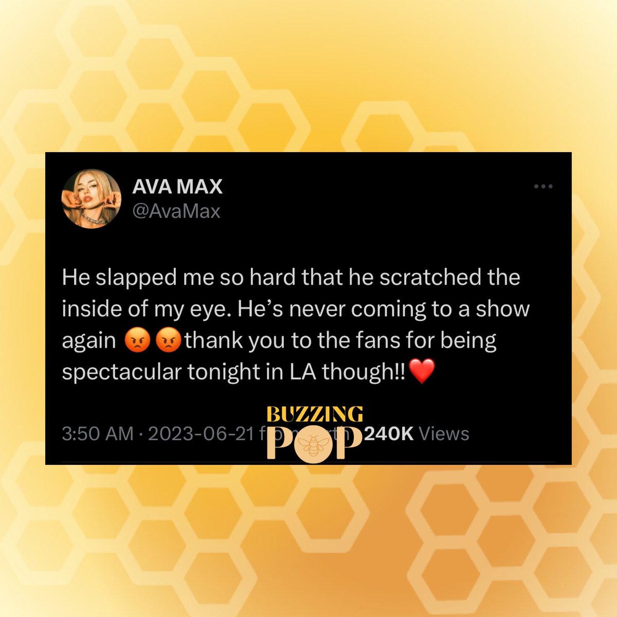 AvaMaxFrance_'s tweet photo. #INFO : Lors de son concert à Los Angeles un homme est monté sur scène et a gifler @AvaMax .
Nous espérons qu'elle aille mieux rapidement https://t.co/LObzCnKv20
