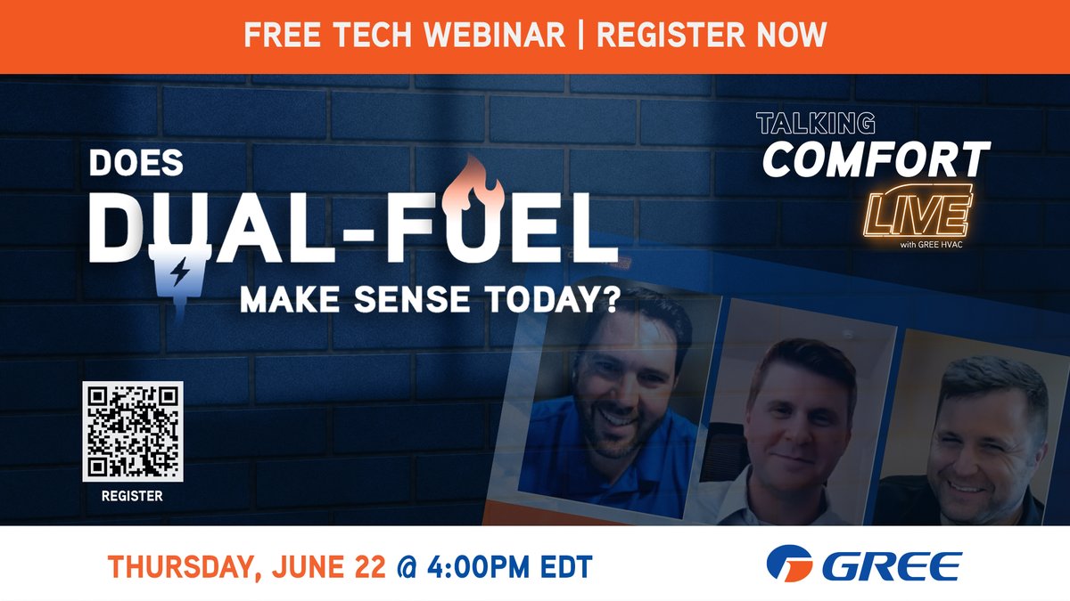 Does dual-fuel make sense with today's #hvac? 

Tomorrow, our tech team debates dual-fuel's future in #heating and #airconditioning. Up for discussion: #gas, #electrification, #heatpumps, inverters, and more!
Register: bit.ly/448TWK7
YouTube: bit.ly/46hnJ55