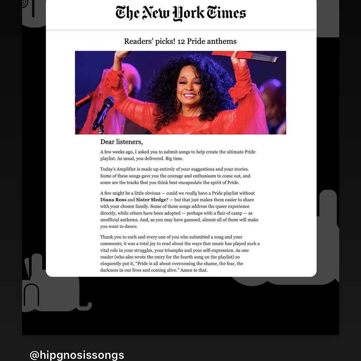 nilerodgers's tweet photo. #HappyPride!! So proud to have 2 songs on @nytimes #TheAmplifier reader's picks top 12 Pride Anthems!
#DianaRoss #ImComingOut +
#SisterSledge #WeAreFamily
Big love to my LGBTQI+ family around the world... WE ARE FAMILY ๐
#repost @hipgnosissongs
.
From @nytimes โ๏ธ ๐ณ๏ธโ๐ https://t.co/GXtBZeSxrV