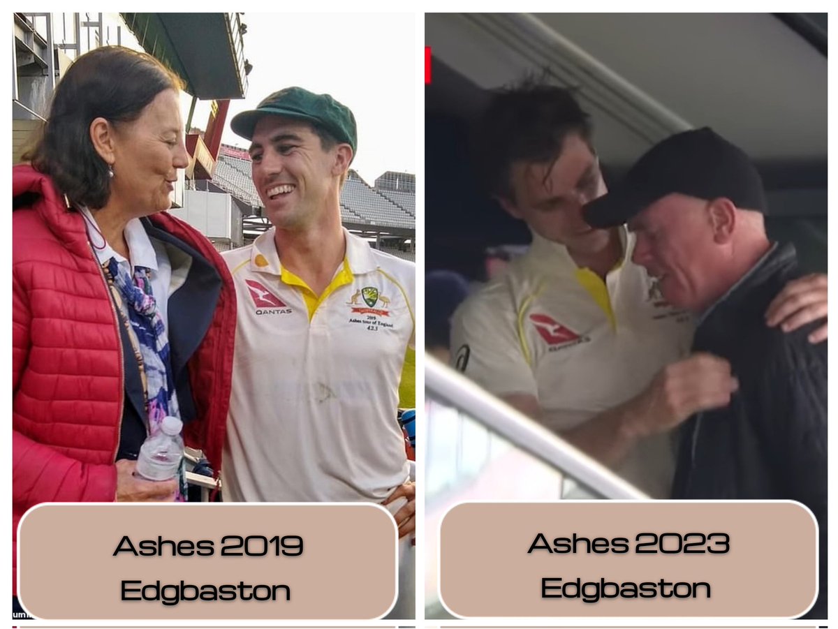 Pic 1: Aus win 1st Ashes Test of 2019. Pat Cummins' celebrating with his mom.

Pic 2: Aus win 1st Ashes Test of 2023. Pat Cummins consoling his Dad, who was seen weeping uncontrollably after the match. 😔

 What a Fighter & Inspiration Patty is !🥹

#Ashes23 #cwc23 #ENGvAUS