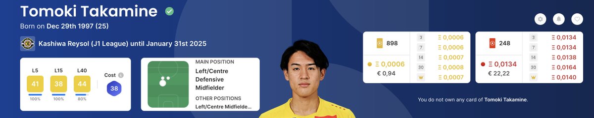 CappedModepicks's tweet image. The first pick for GW 383 is Takamine. Takamine plays for Kashiwa Reysol who are in 18th place and will play against Albirex Niigata at home this GW who are in 13th place. Takamine has a Capped Mode cost of 38. #Sorare #CappedMode.