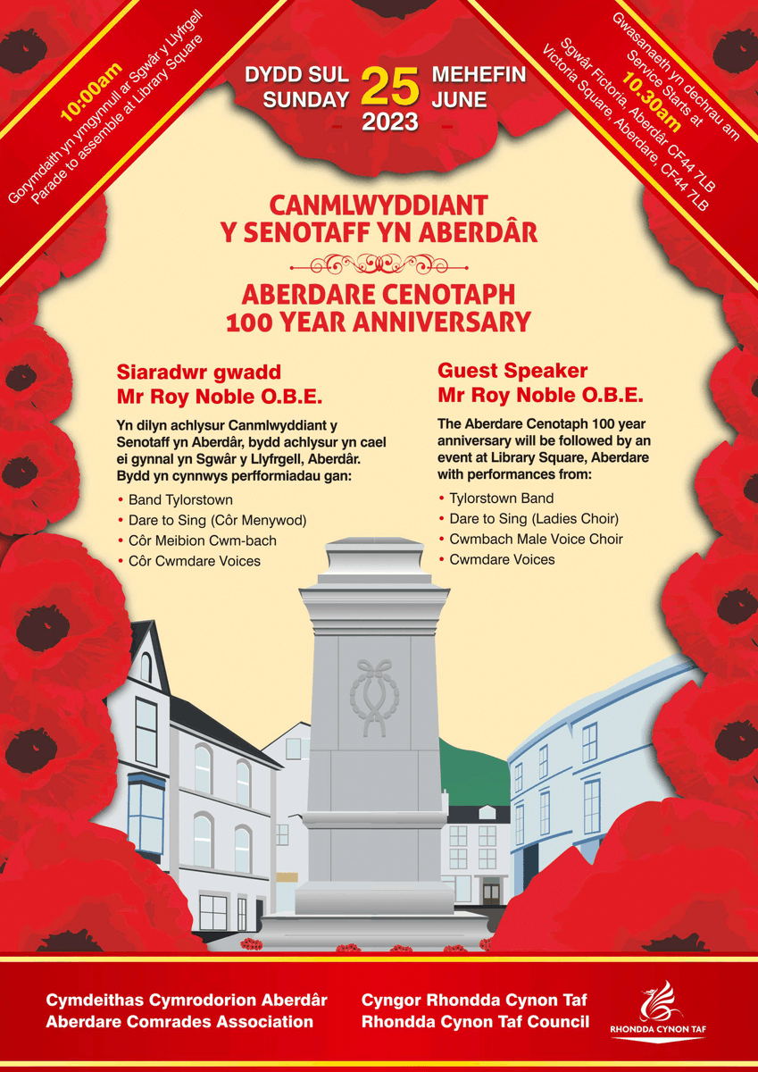 RCTCouncil's tweet photo. RCT Council, in association with Aberdare Comrades Association, has organised a parade and service for the 100th Anniversary of Aberdare Cenotaph. Join us on Sunday 25th June, from 10am at Aberdare Cenotaph. Read more: https://t.co/9LPCt5XaQN https://t.co/wY9owPTuP4
