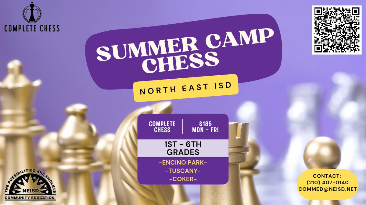 Soon you will become a Chess Grandmaster ♟️
We still have slots open for Chess Summer camp! Register here 🙌 neisd.ce.eleyo.com/.../youth-teen…
#theNEISDway #SummerCamp #Chess #CompleteChess #NorthEastISD #CommunityEducation