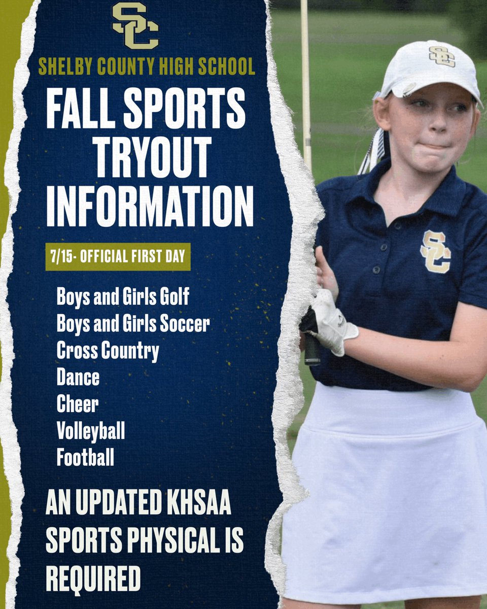 SCHS Athletics (@schsrockets) on Twitter photo ‼️ FALL SPORTS TRYOUT INFO ‼️
Volleyball- July 17th and 18th from 9-12pm
BSoccer- July 17-18, 6-8 pm
Cheer-July 15th 9-10:30
BGolf- July 18th @ 3:00-Weissinger Golf Course
GGolf- July 15th @ 4:00-Clear Creek Golf Course
GSoccer- July 17-19 6pm-8pm
<a href="/RocketPrincipal/">Shelby County High School</a> ‼️ FALL SPORTS TRYOUT INFO ‼️
Volleyball- July 17th and 18th from 9-12pm
BSoccer- July 17-18, 6-8 pm
Cheer-July 15th 9-10:30
BGolf- July 18th @ 3:00-Weissinger Golf Course
GGolf- July 15th @ 4:00-Clear Creek Golf Course
GSoccer- July 17-19 6pm-8pm
<a href="/RocketPrincipal/">Shelby County High School</a>