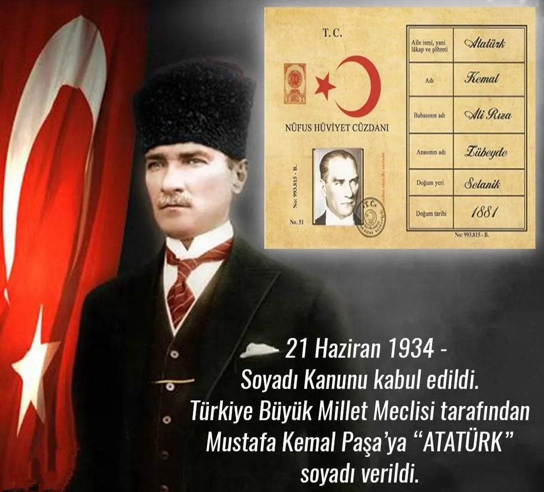 #21Haziran1934
TBMM tarafından Mustafa Kemal Paşa'ya 
#ATATÜRK soyadı verilen kanun kabul edildi 🇹🇷 
#SoyadıKanunu