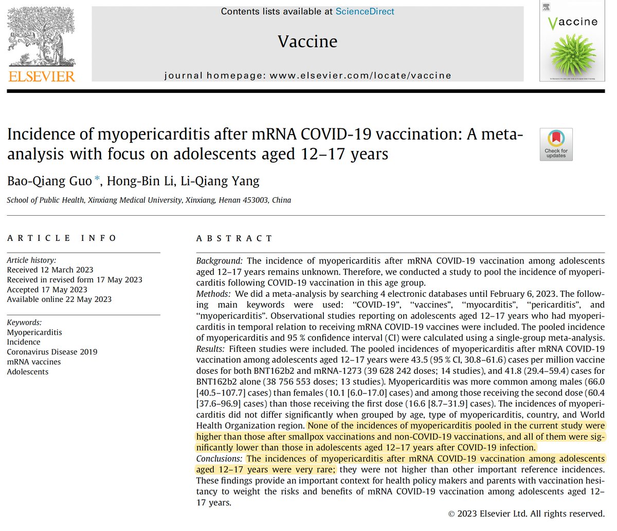 New meta-analysis on risk of myocarditis from COVID infection & vaccination
sciencedirect.com/science/articl…

Risk of myocarditis in teens 12-17:
🔹after COVID💉vaxx was no higher than after other vaccinations.
🔹after COVD INFECTION was SIGNIFICANTLY HIGHER than after COVID vaxx💉.