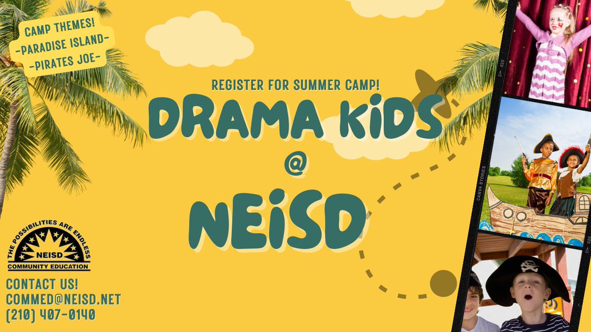 Come join us on our island adventure! 🏝️🏴‍☠️
Don't miss the boat! Register now 🌞 neisd.ce.eleyo.com/.../youth-teen…
#theNEISDway #NEISD #NorthEastISD #DramaKids #TheatreArts #SummerCamp #Drama #CommunityEducation