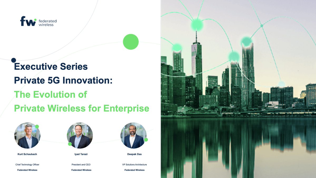 Federated Wireless is the pioneer and leader in the private wireless industry.
Hear from our CEO & President, Iyad Tarazi, and CTO Kurt Schaubach and VP Deepak Das about our #5G #privatewireless evolution in this on-demand #webinar bit.ly/3JpcnC9

 #private5G