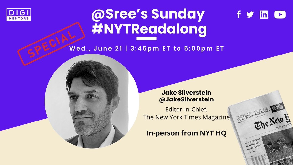 So excited for today’s special edition of  #NYTReadalong, w/ @JakeSilverstein, Editor-in-Chief of @NYTmag — live from NYT HQ, 3:45-5 pm ET. 

Watch on Twitter 
or
FB
facebook.com/events/6413610…

LI
linkedin.com/events/7076740…

YT
youtube.com/watch?v=RE3Hdt…

or
digimentors.group/post/nytreadal…