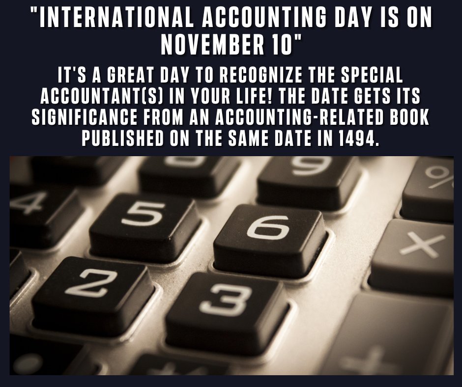 International Accounting Day is on November 10

#taxpayers #USCPA #tax #funfacts #CPA #facts #fiction #accounting #accountant #cpa #funfacts #wednesday #wednesdayvibes #business #businessowner #tax #taxseason #taxbusiness #bookkeeping #KnowYourNumbers #dwhuffconsulting