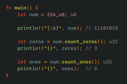 🦀 Useful method: count_zeros / count_ones

- Returns the number of zeros/ones in the binary representation of self.
- Available on all integer types.

#rust #rustlang #programming #usefulmethod