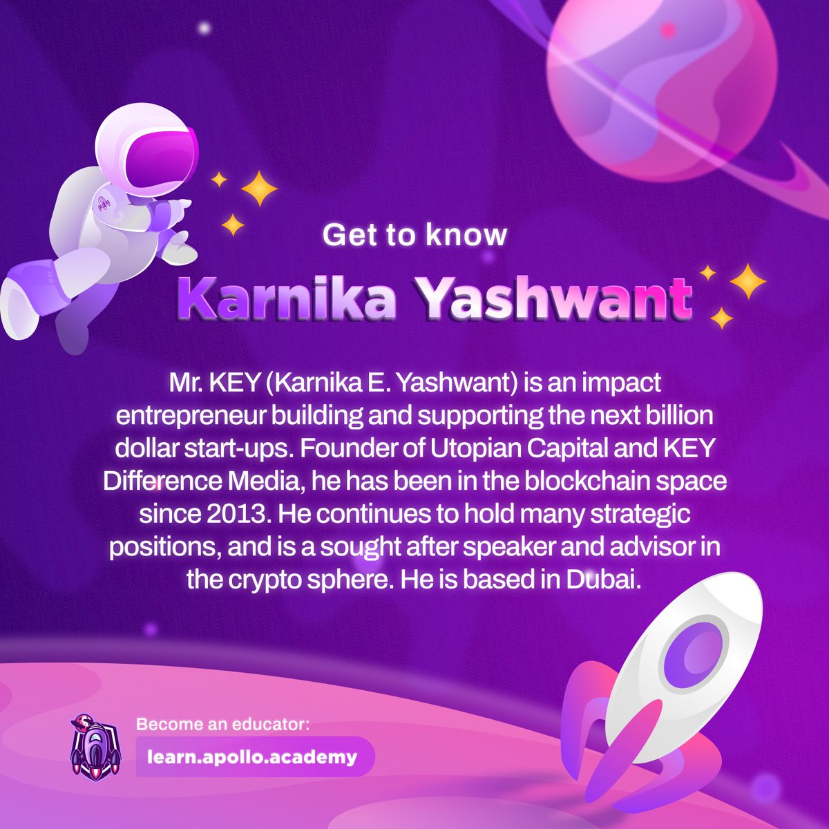 KarnikaYashwant's tweet photo. I am thrilled to be an A² Alpha Partner at Apollo Academy @a2cademy 🚀
Check out my seminar on Blockchain Startups: What to Do (and Avoid) to be a Unicorn by 2025 to kickstart your #Web3 journey. Only at https://t.co/jnzi5Lw8Nz
#LFG #Blockchain #Startup #ApolloAcademy https://t.co/uSSzyMdPEL