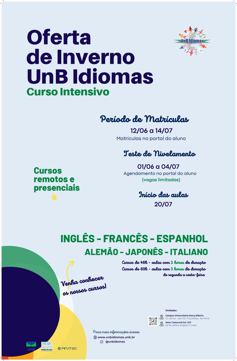As inscrições para o Curso Intensivo do UnB Idiomas vão até 14/07.

Inglês, francês, espanhol, alemão, italiano e japonês são as línguas ofertadas em cursos de 46h e de 60h de duração.

Confira todos os detalhes e inscreva-se: noticias.unb.br/component/agen…