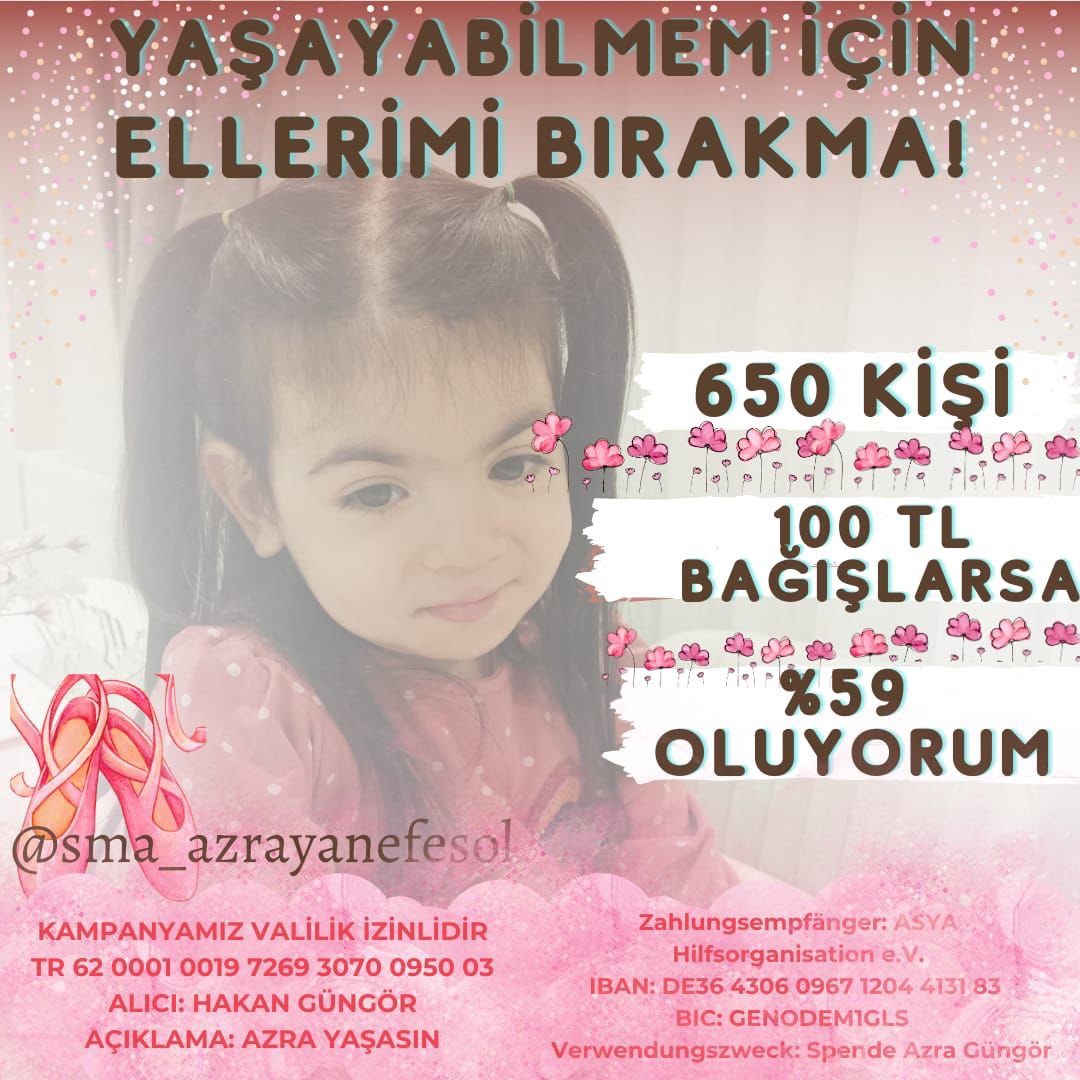 Sadece 650 kahramanımın 100 tl bağışı ile ilacıma bir adım daha yaklaşıyorum!Sen varsan AZRA YAŞAYABİLİR AZRA NEFES ALABİLİR! #FinalFantasy16 #memurayuezde100zam #NintendoDirect #onweer #çarşamba #ÇareSergenYalçın #hobofairlaunch İsmail Kartal