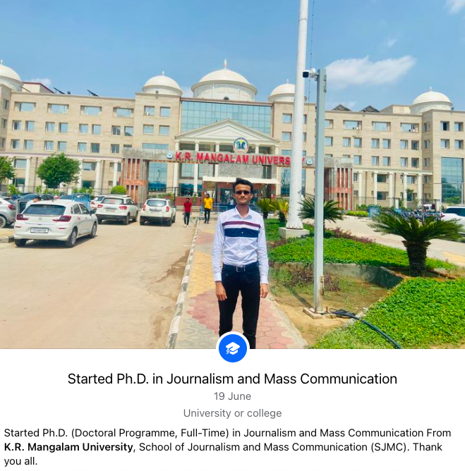 TrilokSinghLIVE's tweet photo. Started Ph.D. (Doctoral Programme, Full-Time) in Journalism and Mass Communication From K.R. Mangalam University, School of Journalism and Mass Communication (SJMC). Thank you all. https://t.co/JnPGmWNW7s