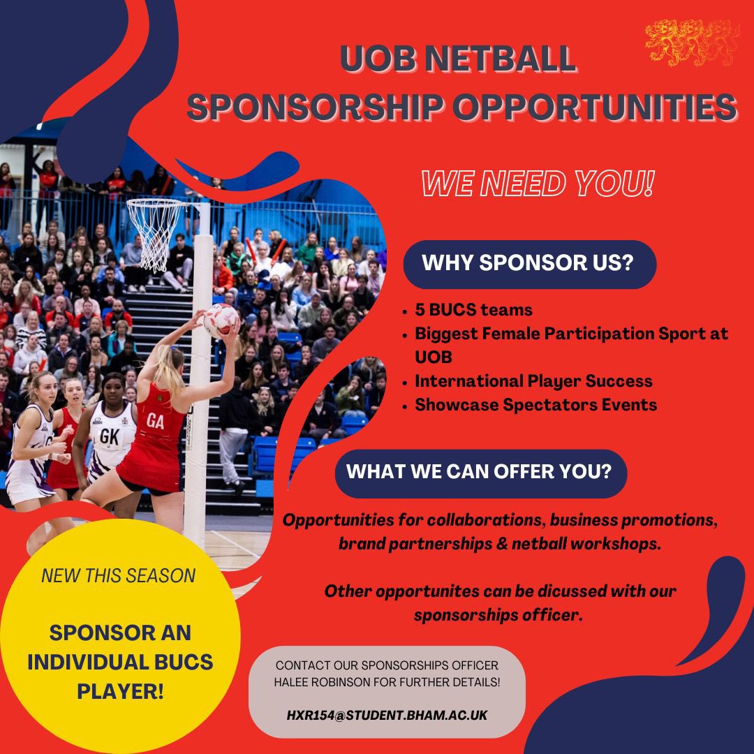 HaleeRobinson4's tweet image. The University of Birmingham Netball Club are looking for sponsors ahead of the 2023/24 season! I am this years Sponsorship Secretary and I am excited to start the challenge of securing sponsors who are just as ambitious about growing our excellent sport as we are. Contact me!📥