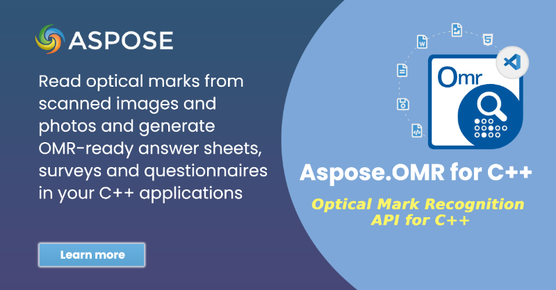 aspose's tweet photo. Advanced library to develop C++ desktop applications and web services for optical mark recognition that work equally well with scanned images and photos and can read any type of marks. Free 30-Days Trial Available! #Cpp #API #Programming