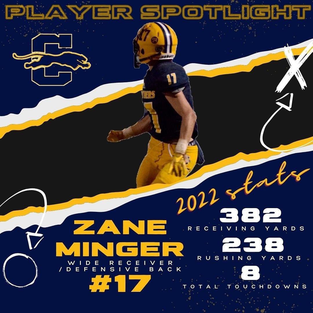 Panther Spotlight: # 17 Zane Minger ~ Zane is a pivotal piece of our team, both offensively and defensively. He accounted for 382 yards receiving and 238 yards rushing last season reaching the endzone 8 times. He is super shifty and tough as nails. 
#alarmsounded #PantherNation