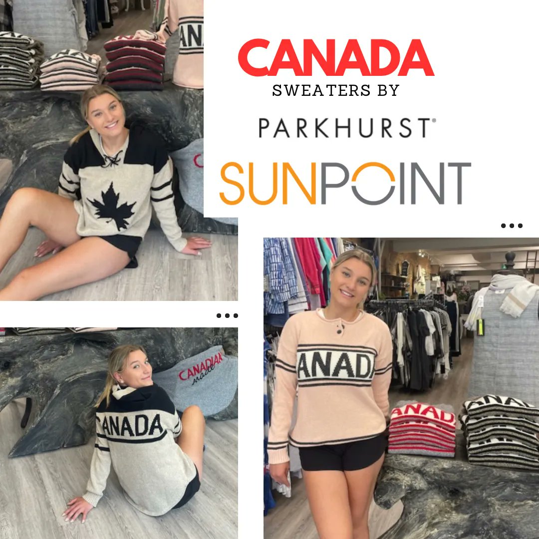 sunpointOS's tweet photo. Canadian-made, Canadian-designed, Eco-cotton @ParkhurstKnits  #Canada sweaters might be the most Canadian thing you can wear this #CanadaDay - Tiegen is modelling a couple of our faves at @sunpointOS @RiverDistrictOS https://t.co/r709gVzrlB