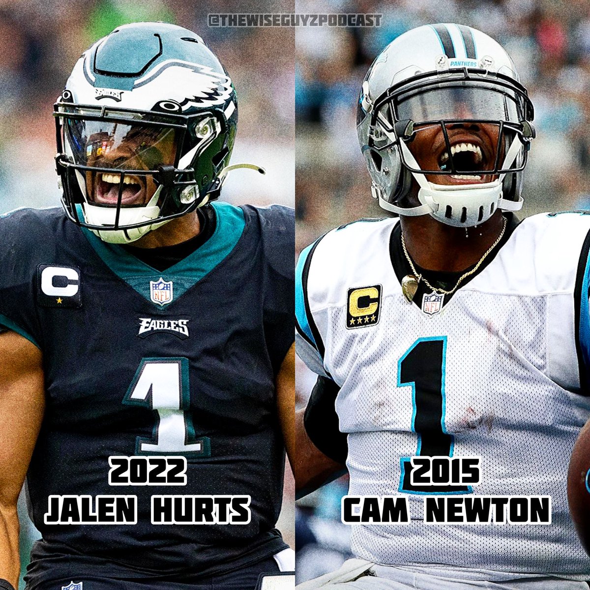 thewiseguyzpod's tweet image. ‘22 Jalen Hurts or ‘15 Cam Newton? 🏈

Who you taking? Let us know ⬇️
