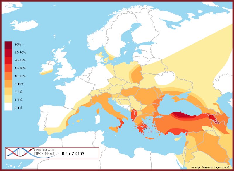 Map showing the distribution of R1b-Z2103 in Europe and nearby regions. One could debate the reasons for its existence in Scandinavia and Ireland.