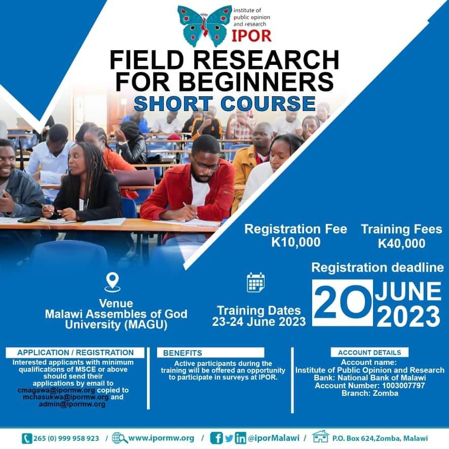 ATTENTION LILONGWE!
All is set for the Field Research for Beginners short course at MAGU from Friday 23rd to Saturday 24th June, 2023. It's not too late to consider registering to attend.