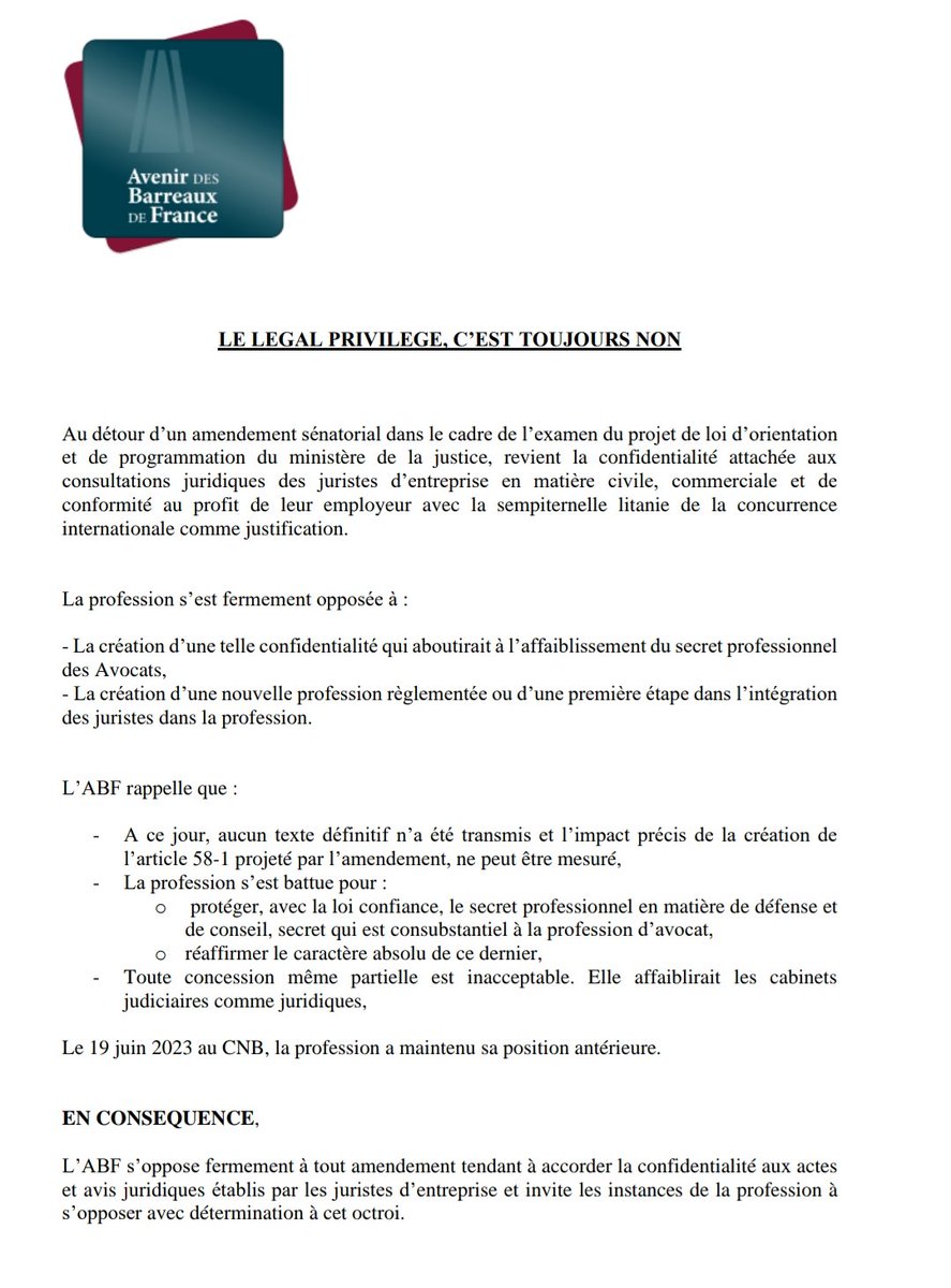 Le legal privilege des juristes d'entreprises
C'EST TOUJOURS NON ! 🤬