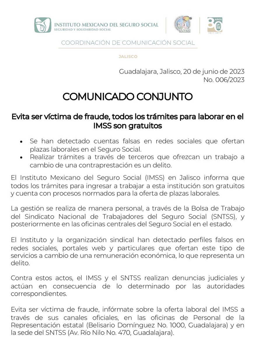 imssjalcontigo's tweet photo. 🚨 ¿Te han ofrecido trabajar en el #IMSSJalisco a cambio de una remuneración económica?

⚠️ ¡Alerta! Realizar trámites a través de terceros que ofrezcan un trabajo a cambio de una contraprestación es un delito.

📝 Recuerda, los trámites para laborar en el #IMSS son gratuitos. https://t.co/W8fR6rC2mv