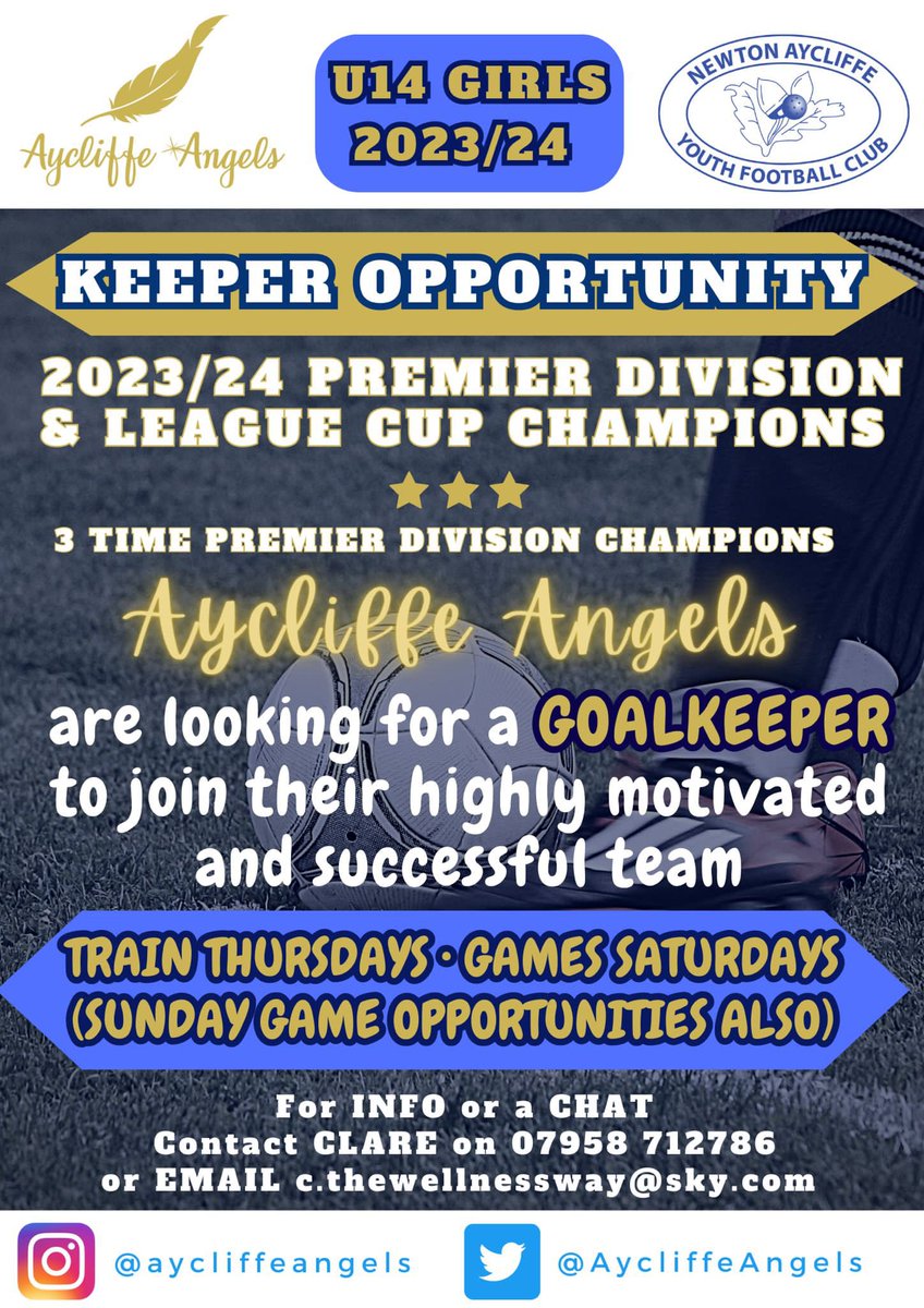 AycliffeAngels's tweet photo. We are so proud that our current keeper is off to the Durham PGA to continue her football journey.  This opens up an opportunity for a keeper to join our fabulous Angels next season, as U14’s (Y8 or Y9 next school year). https://t.co/6L9MNxE6EJ