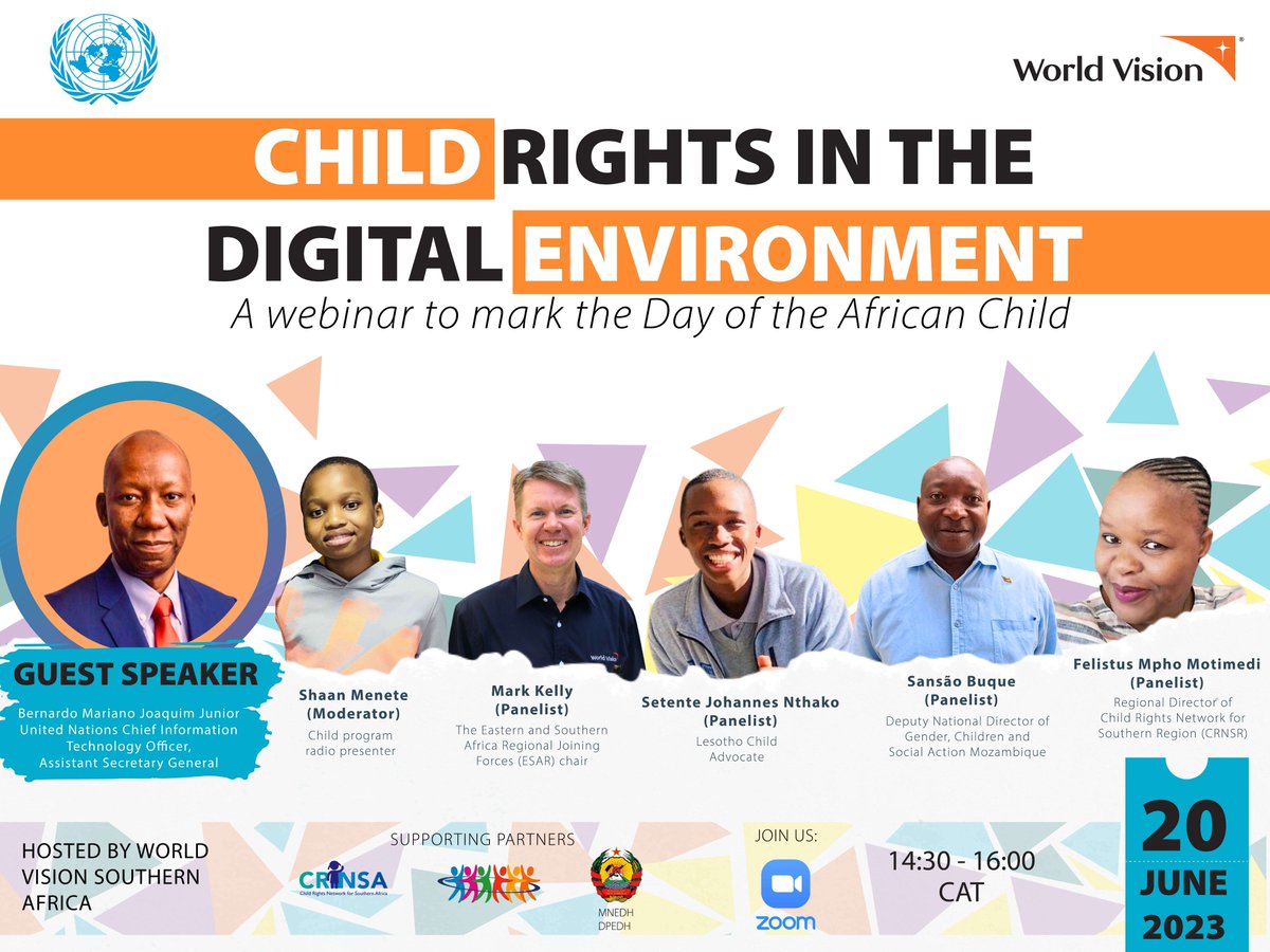WorldVisionMoz's tweet photo. Thank you to everyone who joined in &amp; a special thanks to our partners; The United Nations, Joining Forces, Child Rights Network for Southern Africa, the gov't of 🇲🇿, 🇱🇸child advocate for making such dialogues happen &amp; promoting safe &amp; equitable digital engagement for children. https://t.co/DVOFDRsfHE