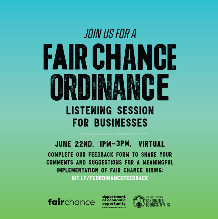 LACFairChance's tweet photo. Last chance to make your voice heard! Business owners in unincorporated areas of the @CountyofLA and @CountyofLA contractors can catch the last business listening session tomorrow at 1-3PM! Log on at https://t.co/WwXRpt63Z2! See you there! https://t.co/u6kLEtb79m