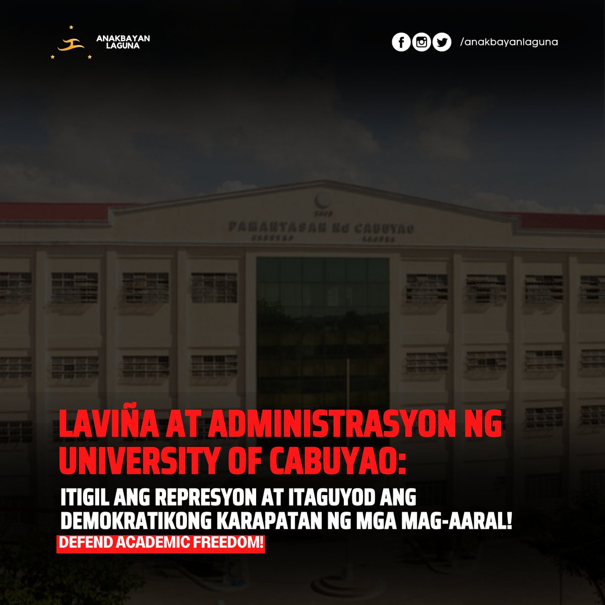 AnakbayanLaguna's tweet photo. Kaliwa't kanan kaming nakatatanggap ng ulat hinggil sa iba't ibang porma ng pang-aatake sa mga estudyante, at ang pinakahuli ay ang banta na tatanggalan ng libreng matrikula at pagpigil na maka-martsa sa graduation ceremony.

#PNCDoBetter
#StopTheAttacks
#DefendAcademicFreedom https://t.co/b1hKXWWIJL