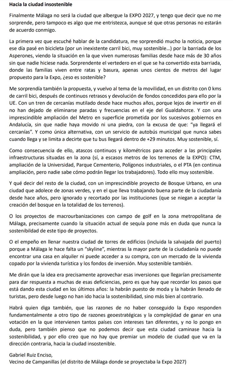 La ciudad insostenible, artículo de Gabriel Ruiz.
Sobre la no designación de #Malaga para la #Expo2027 
#Movilidad
@malaga @24horas_rne @opiniondemalaga @InfoUMA @diputacionMLG @ecoccoo @mitmagob @sumar @IUMalaga_ciudad @IUMalaga @pcandalucia @Evanieto54 @agarzon