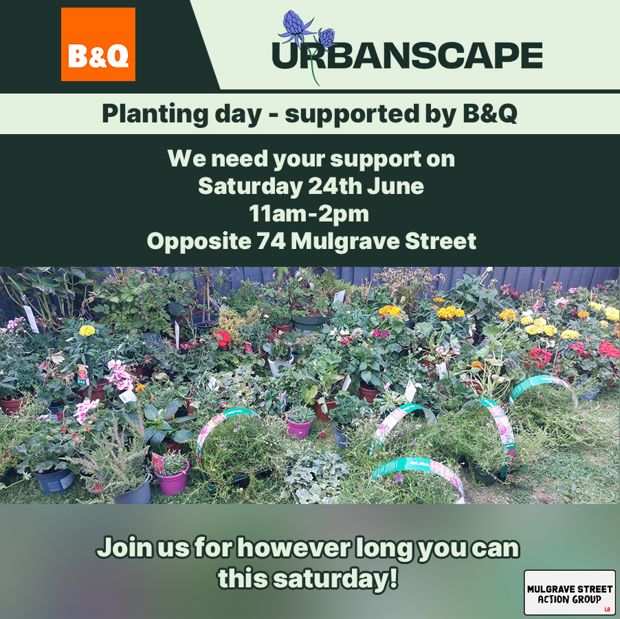 VOLUNTEERS, WE NEED YOU 🫵
🌱This saturday, we are hosting a planting day at UrbanScape 11am-2pm. Tools provided, but if you have any please bring them along. 🌿
See you then 😁
Thanks to <a href="/BandQ/">B&Q</a> speke for providing lots of plants!
<a href="/MSAGL8/">Mulgrave Street Action Group CIC</a> <a href="/KhanOdita/">Khan Odita</a> <a href="/CllrLHarvey/">Lucille Harvey</a> <a href="/Kuumba_Imani/">Kuumba Imani</a>