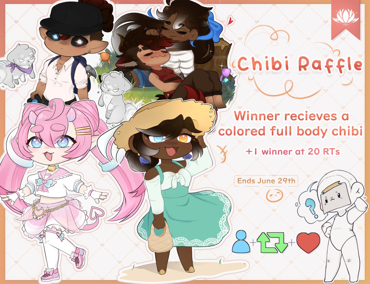 ✦ Chibi Art Raffle ✦
 ━━━ ◦ ❖ ◦━━━
The skrunkles upgrade? 
To thank yall for 100! I wanted to host an art raffle!

🗒️To Enter :
⏵Like &amp; RT (no QRTs)
⏵Must be following 
 ᴏᴘᴛɪᴏɴᴀʟ: ʀᴇᴘʟʏ ᴡɪᴛʜ ʏᴏᴜʀ ᴘɴɢ

📌Ends June 29th

Good Luck!!