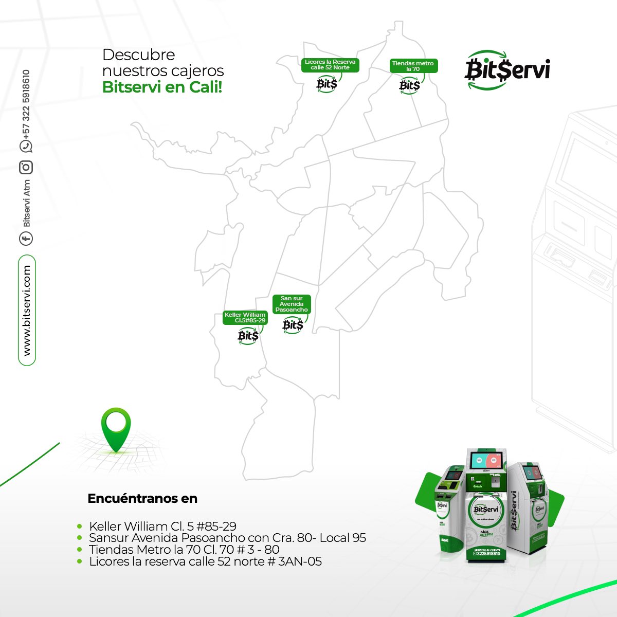 BitserviATM's tweet photo. ¿Te encuentras en Cali? Encuéntranos en diversas ubicaciones de la ciudad. Compra y vende #criptomonedas de forma segura y fácil
Recuerda que tus datos personales están completamente seguros con Bitservi. Más información en https://t.co/1A9fyWz9oP https://t.co/kun2Hb6lpc