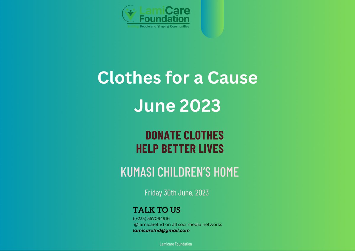 We're excited to remind you about Phase 1 of our upcoming clothes donation event at Kumasi Children's Home on the 30th of June, 2023.

#LamicareFoundation #ClothesDonation #KumasiChildrensHome #SpreadKindness #MakeADifference #CommunityImpact #clothesforacause #Foundation #giving