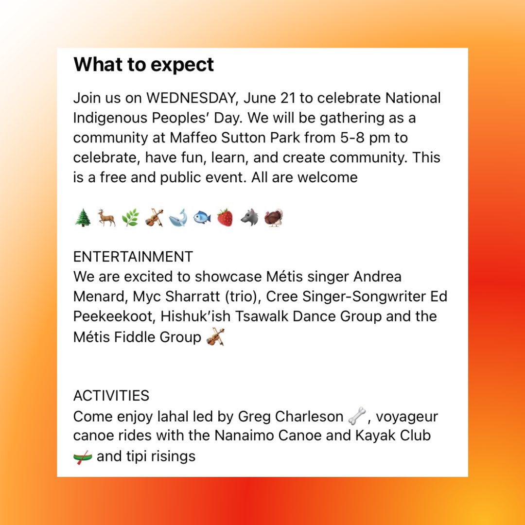 While all of June is #NationalIndigenousHistoryMonth, today (June 21st) is #NationalIndigenousPeoplesDay in Canada! 🧡🇨🇦 @nanaimoacl wants to honour, celebrate, learn about, and thank all Indigenous peoples for being foundational to our country! #NIPD #NIPD2023 #NIHM #NIHM2023