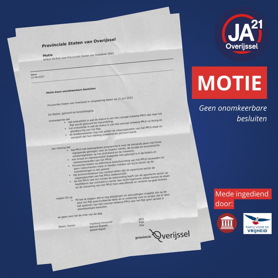 JA21_Overijssel's tweet image. Vandaag dienen wij tijdens de PS-vergadering de volgende moties in 👇

- Beperking bestemmingsreserves
- Geen tweede Groningen in Overijssel
- Geen onomkeerbare besluiten

🧵(1/3)

#JA21 #psov #Overijssel