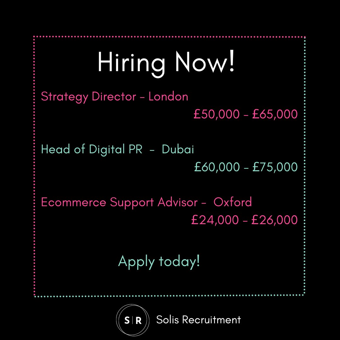 📢 #HiringNow 📢 Contact us now for more information or to apply! Apply via our Linkedin Page, via our website, or DM us! #hiring #strategyjobs #digitalPR #ecommerce #recruiting #newjob #jobsearch #londonjobs #dubaijobs #oxfordjobs