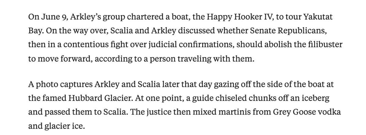 JoPerryAuthor's tweet photo. I chiseled this tidbit from @ProPublica's precision unveiling of SCOTUS corruption:  

Suprised it wasn't @HendricksGin 

How many Happy Hookers are there? 🛥️🎣🍸

#GlacierIceMartinisOnHappyHookerFour 
#Alito #Scalia #Arkley #Singer https://t.co/I0eKtIcH4m